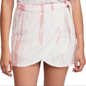 Free People Rosie White & Blush Tie Dye Linen Wrap Skirt Size 8 New!